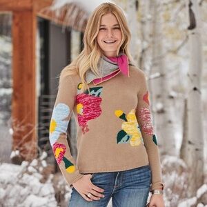 Sundance Beige Winter Flowers Floral Wool Cashmere Knit Sweater